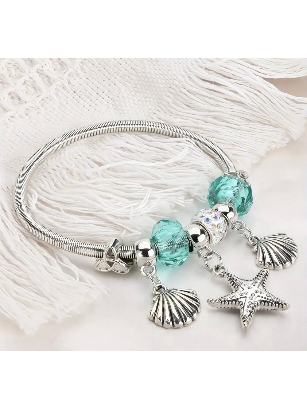 New - Vintage-Inspired Stainless Steel Bracelet with Seashell & Starfish Charms